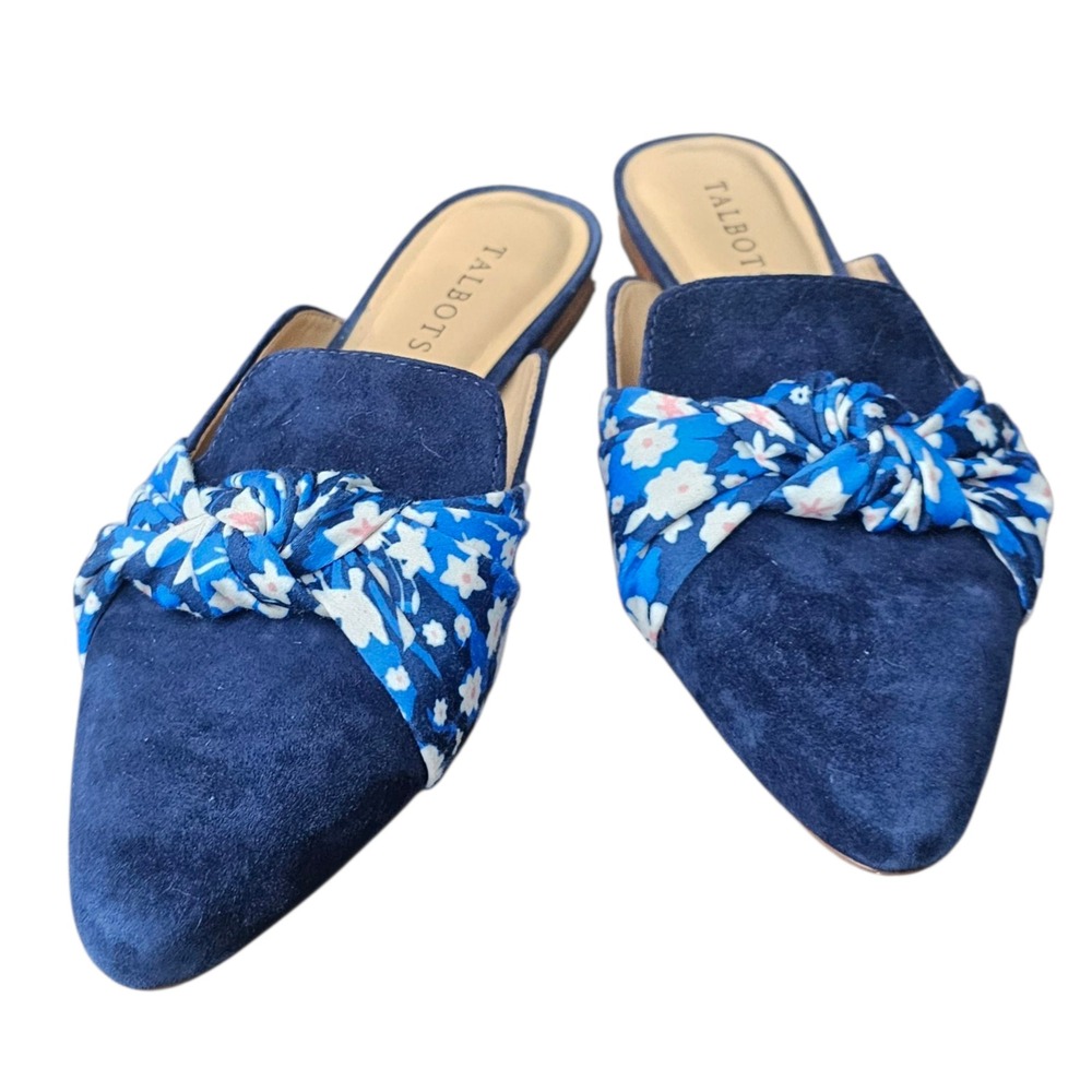 Talbots Blue Suede Leather Edison Knot Mules Floral Bow‎ Pointed Toe Shoes 7.5